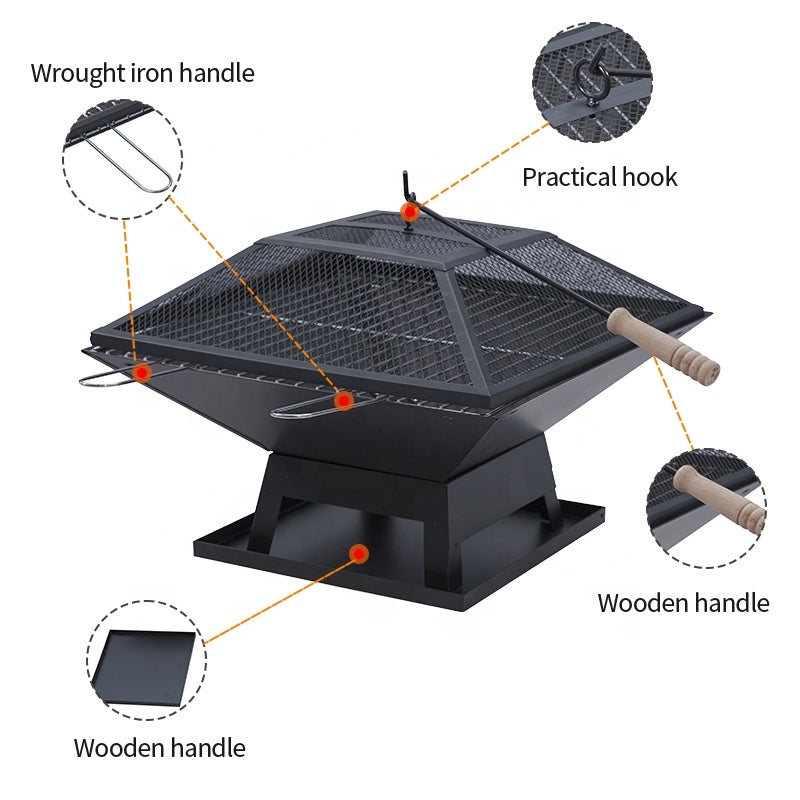 2 IN 1 Outdoor Square Wood-Burning Fire Pit & Grill