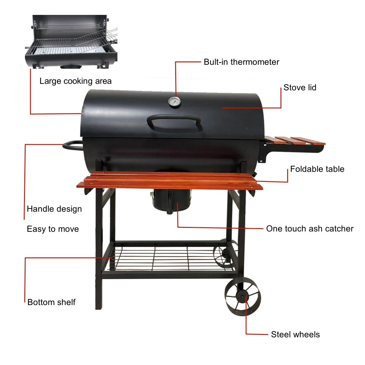 SCB-32 Adjustable Height Large Barrel BBQ Grill with Side Table